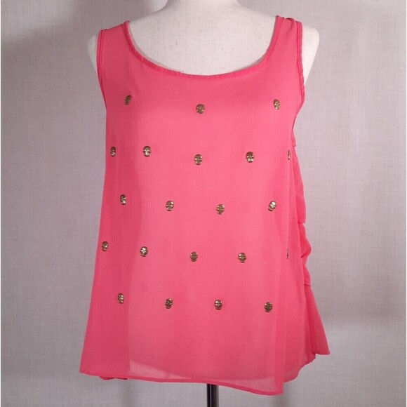 Rapsodia Layered Pink Mesh Tank with Gold Skull Medallions Ruffled Back X-Small - Picture 2 of 15